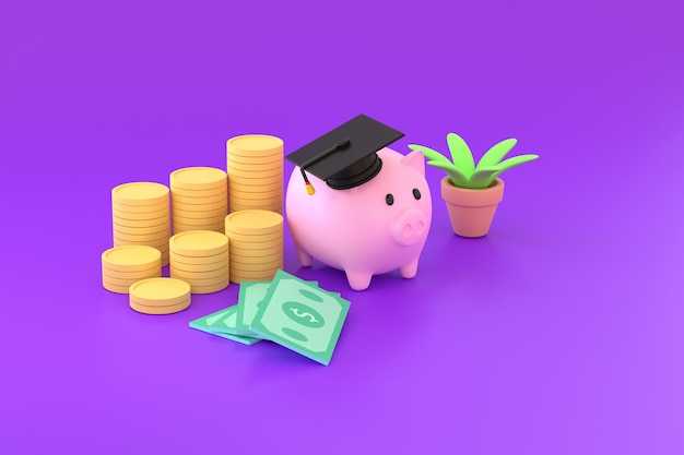 3D. Piggy bank with graduation cap collecting funds for education