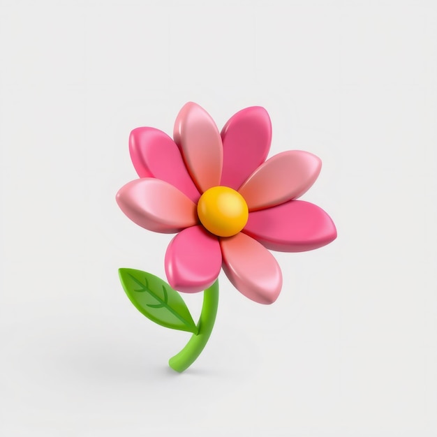 3D pink flower with yellow center and green leaf on white background