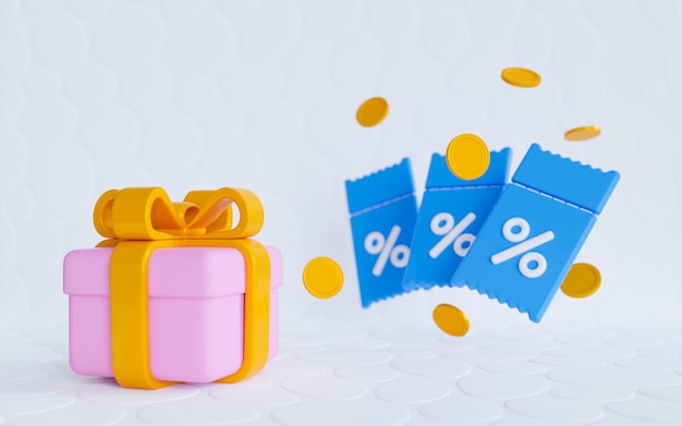 3d pink gift box and blue flying coupons with discounts and gold coins on white tiles background