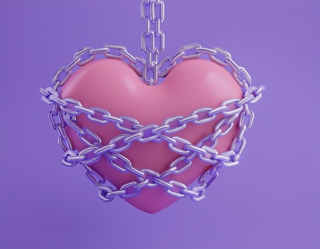 3D pink heart bound by a silver chain 3D illustration