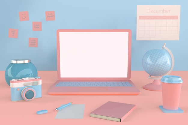 3d pink laptop with white blank screen display for mockup design 