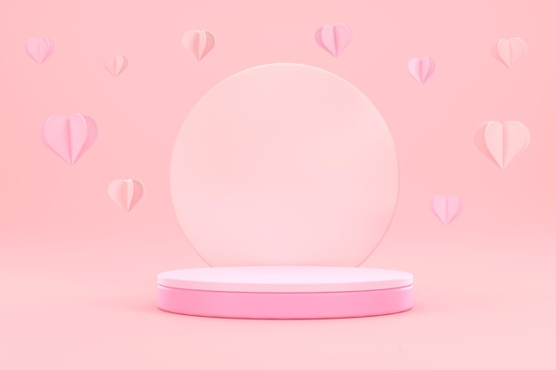 3D. Pink podium and pink heart on pink background. Business concept showcase.