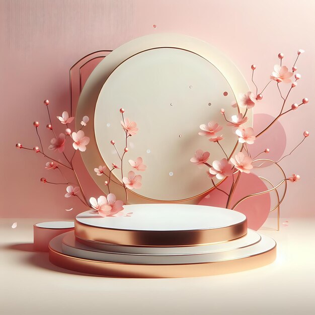 3D Pink Podium with Flowers and Pearls