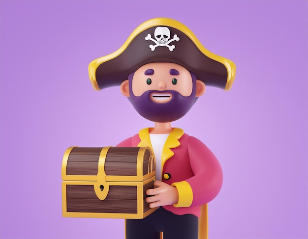 Photo 3d pirate holding a treasure chest with a big smile 3d render