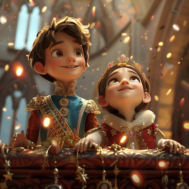 3D Pixar style cartoon Brigerton kids dressed in royal enchanting outfits an enchanting scene