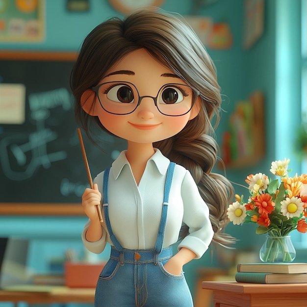 Photo a 3d pixar style graphic of a teacher standing in the classroom