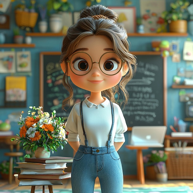 Photo a 3d pixar style graphic of a teacher standing in the classroom