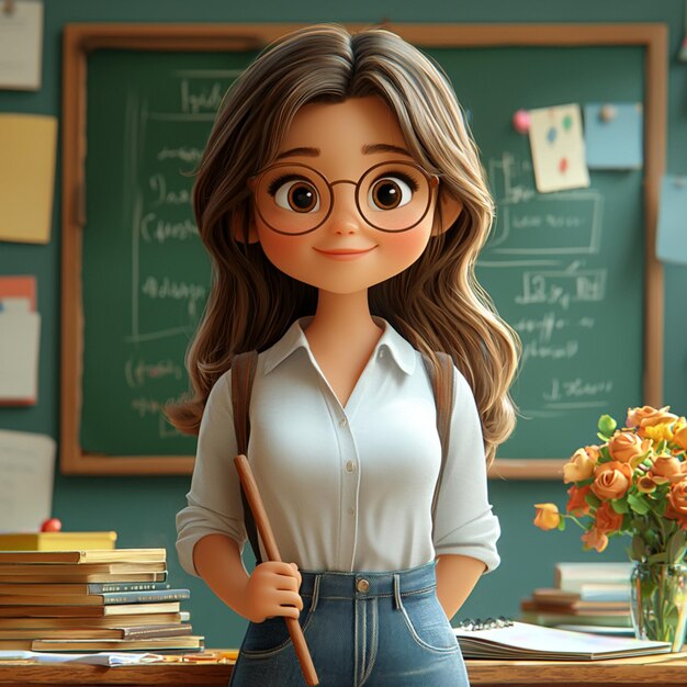 Photo a 3d pixar style graphic of a teacher standing in the classroom