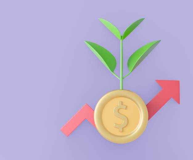 3d plant tree grow with dollar coin and red graph arrow. 3D illustration rendering.