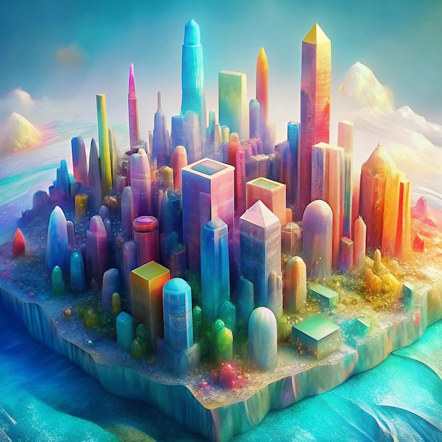 Photo 3d plastic graphic of colorful abstract city skyline with glossy textures for urban themes