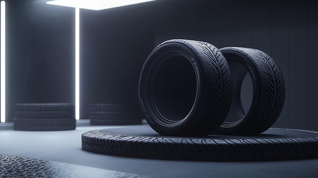 Photo a 3d podium designed for showcasing car tires with tire treads and rubber details subtly integrated