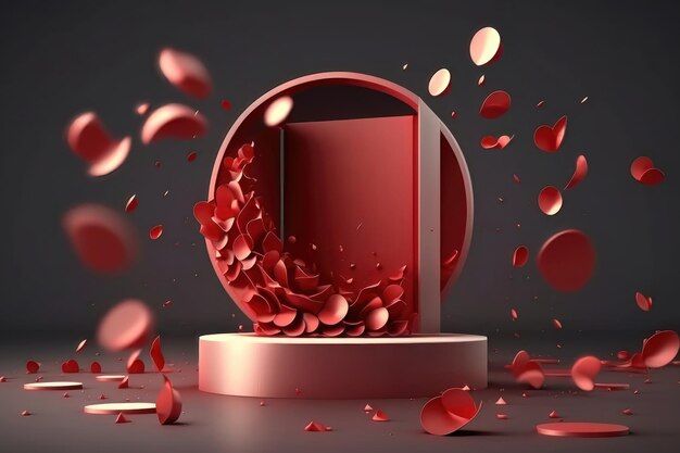 3D podium display background Red surprise open gift box Rose flower falling petals AI Generated