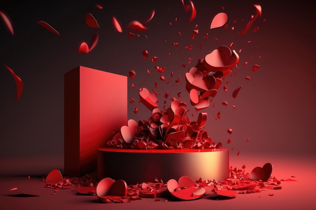 3D podium display background Red surprise open gift box Rose flower falling petals AI Generated