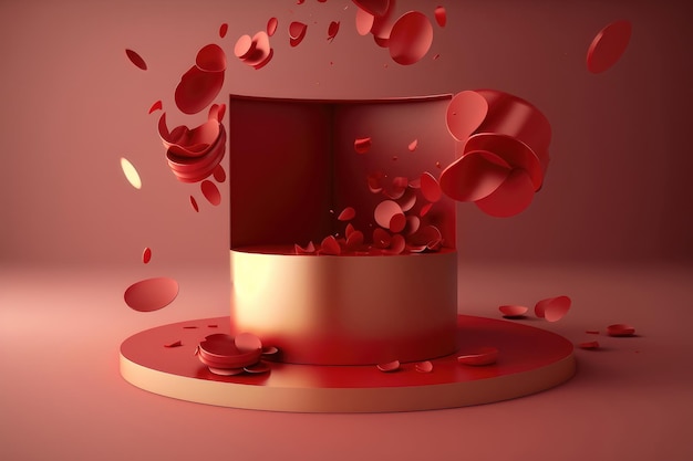 3D podium display background Red surprise open gift box Rose flower falling petals AI Generated