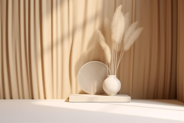 3D podium display on beige background and dry pampas grass in vase Bright cosmetic beauty product