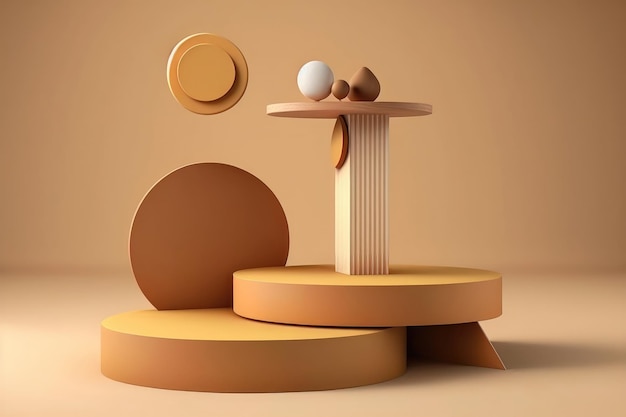 3D podium display on beige with levitation objects AI generation