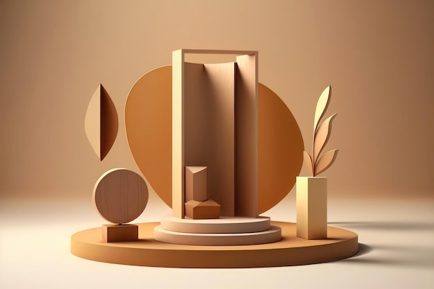 3D podium display on beige with levitation objects AI generation