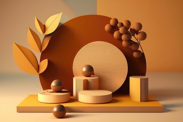 3D podium display on beige with levitation objects AI generation