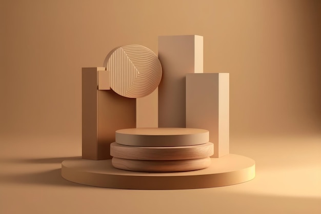 3D podium display on beige with levitation objects AI generation