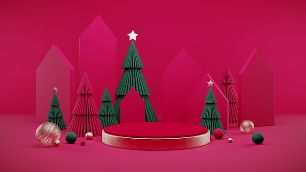 3D podium display Christmas with geometric shapes and red background