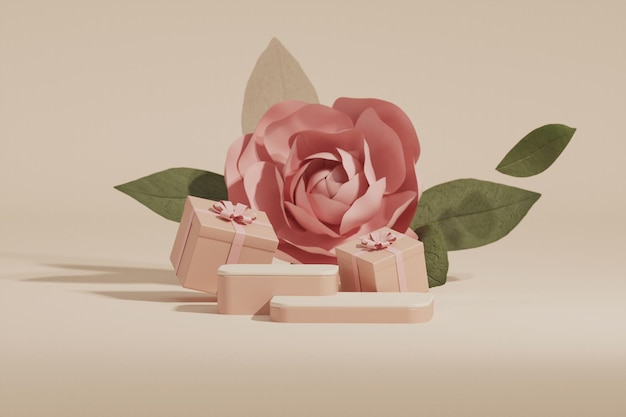 3D podium display on pastel beige, and pink background with rose flowers, gifts .