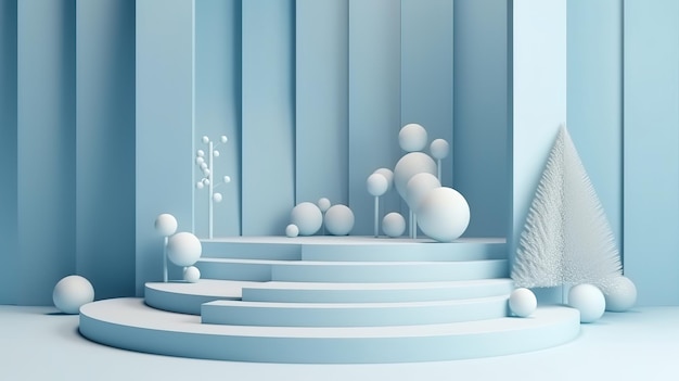 3D podium display pastel blue background Christmas Winter scene with snow Generative ai