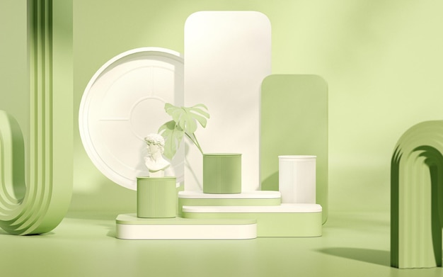 3D podium display on pastel green background geometric shapes with nature sun shadow 3d render