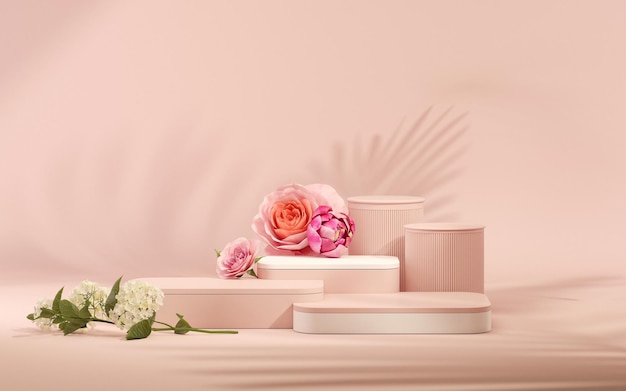 3D podium display pastel pink background with rose flowers and palm leaf shadow 3d rendering