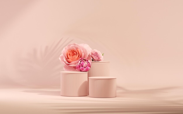 3D podium display pastel pink background with rose flowers and palm leaf shadow 3d rendering