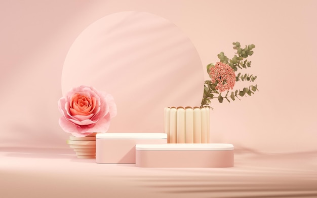 3D podium display pastel pink background with rose flowers and palm leaf shadow 3d rendering