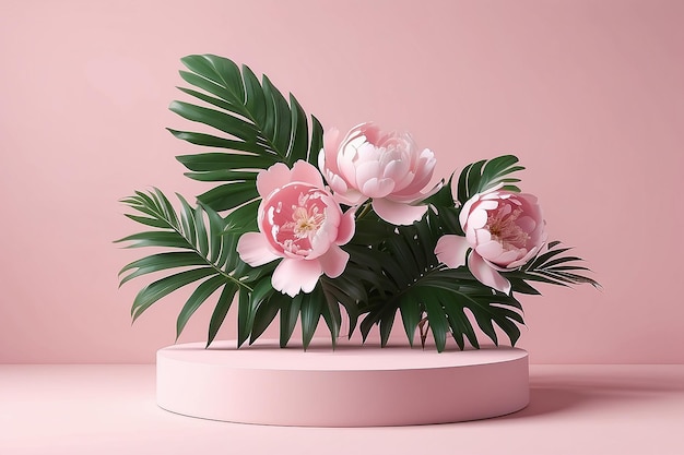 3D podium display pastel pink background with rose flowers Peonies flower and palm leaf shadow Minimal pedestal for beauty cosmetic product