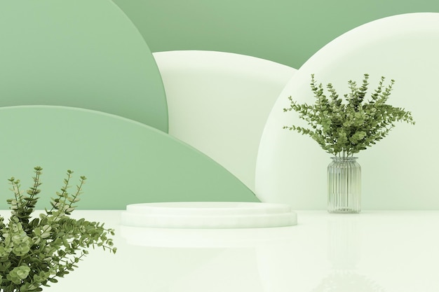 3D podium display, pastel white and green background with glass vase, flowers and decorative vases