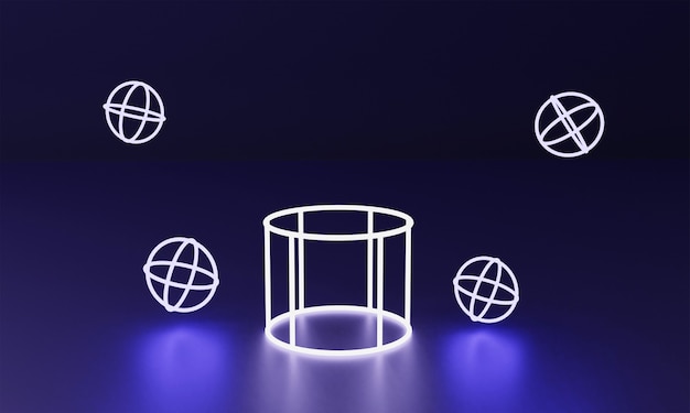 3D podium and neon lamp in wireframe style