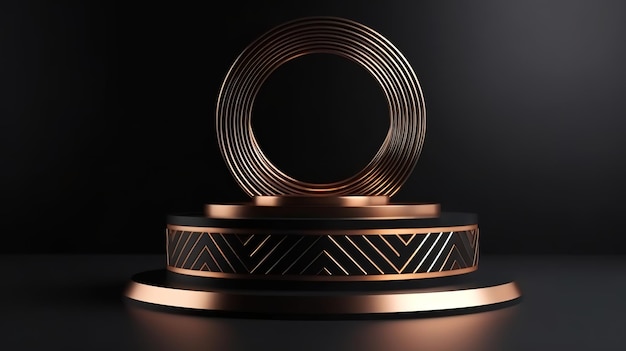 3D podium pedestal with gold copper rim frame Hand with geometric shapes Generative ai