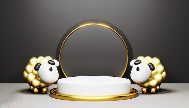 3D Podium Product Display of eidaladha mubarak with cute goat animal gold black background