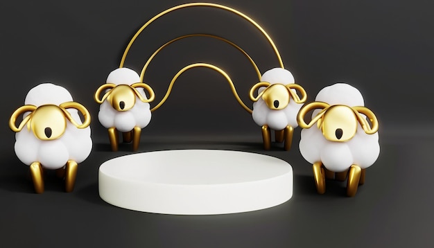 3D Podium Product Display of eidaladha mubarak with cute goats animal gold black background