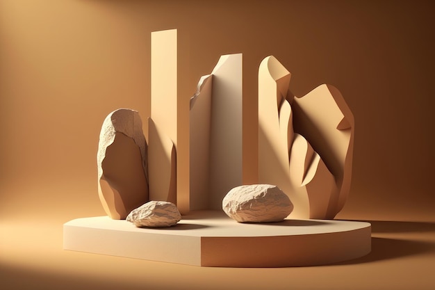 3D podium stone display on brown background Beige rock cosmetic beauty product promotion pedestal with sun shadow AI generation