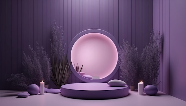 3d podium with plants and lavender color Modern mockup copy space