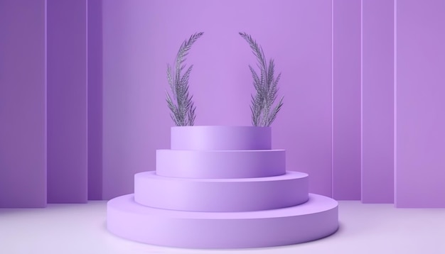 3d podium with plants and lavender color Modern mockup copy space