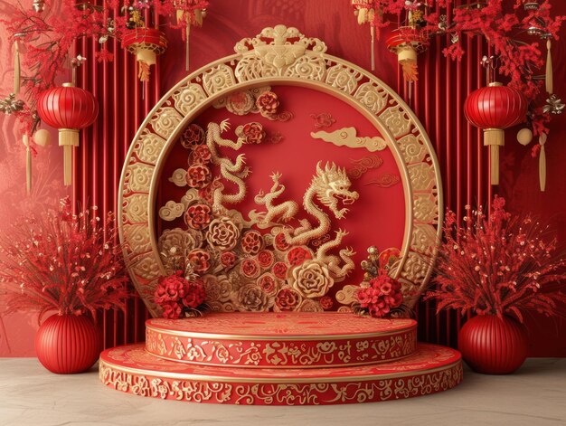 3D Podium with Red and Gold Motifs for a Majestic Chinese New Year Product Showcase