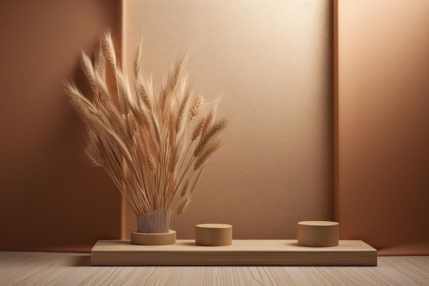 3D podium wood display on beige background and dry pampas grass AI generated