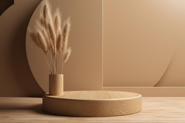 3D podium wood display on beige background and dry pampas grass AI generated