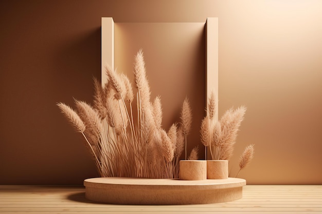 3D podium wood display on beige background and dry pampas grass AI generated