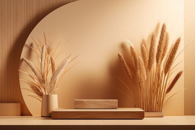 3D podium wood display on beige background and dry pampas grass AI generated