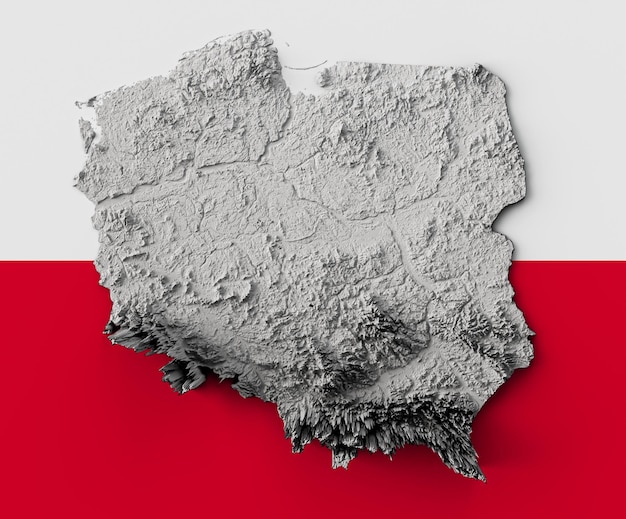 3d Poland Map Black And White Shaded Relief Texture Map On Poland Flag Background 3d illustration