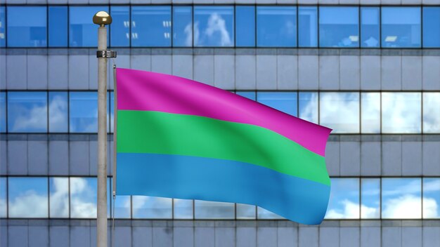 3D Polysexuality flag waving on wind at modern city. Close up of Polysexual banner blowing, soft and smooth silk. Cloth fabric texture ensign background. Use it for pride gay day and events concept.