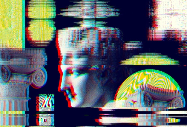 3D portrait of an antique sculpture with a glitch effect Cyberpunk style Conceptual disease of artificial intelligence Virtual reality Deep learning and suspicion systems