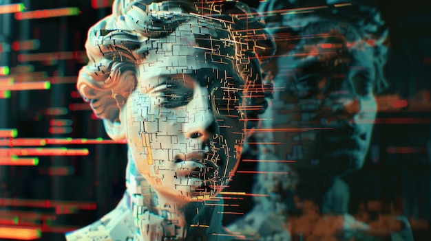 3D portrait of an antique sculpture with a glitch effect Cyberpunk style Conceptual disease