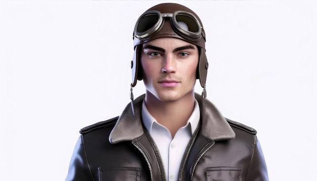 Photo 3d portrait of a young man wearing a vintage leather aviator jacket goggles and cap