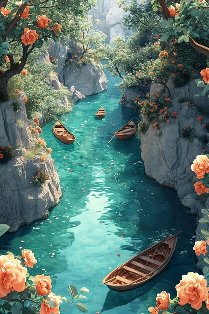 a 3D postcard showcasing a serene river scene with boats